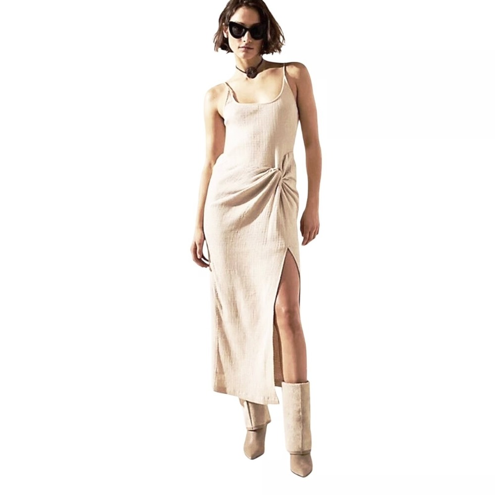 Free People Beige‎ Linen Blend Twist Front Maxi Dress Side Slit M